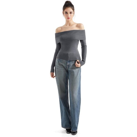 Suuksess Off Shoulder Sweaters Womens Gray Long Sleeve Ribbed Knit - Picture 4 of 6
